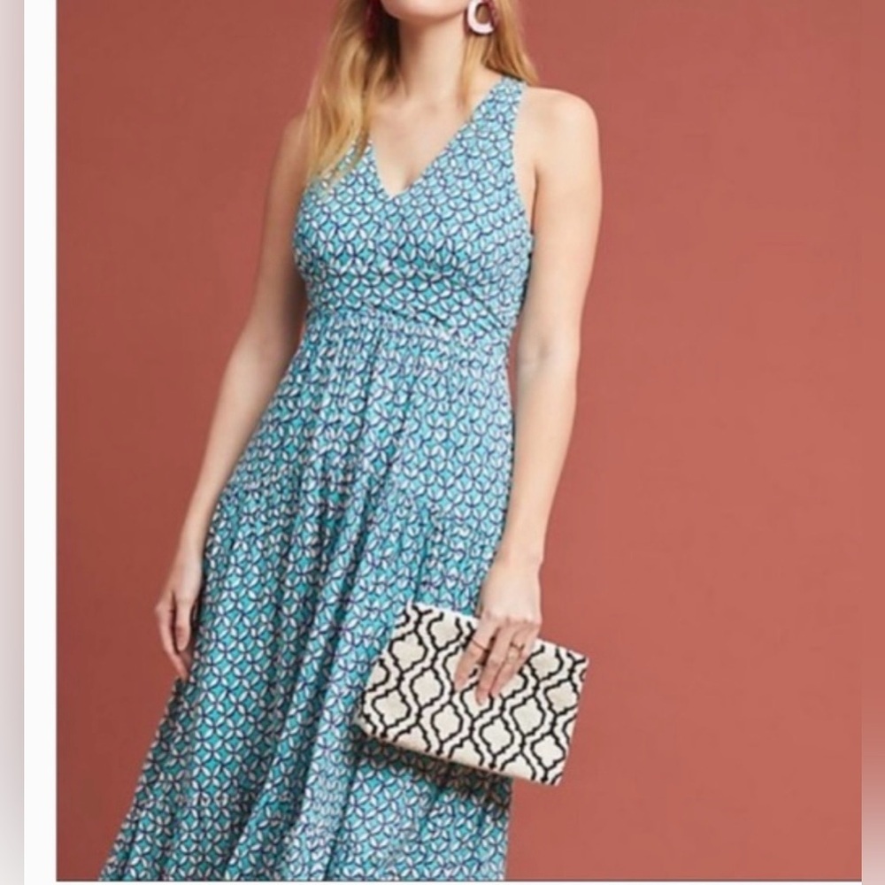 Anthropologie Maeve Mabel Tiered Maxi Dress Blue Motif Womens XSP - Picture 1 of 9